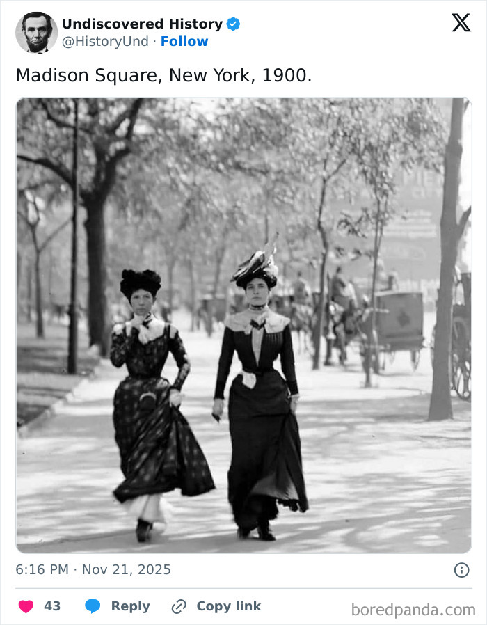 Two women in early 1900s attire walking in Madison Square, a fascinating photo revealing moments lost to time.