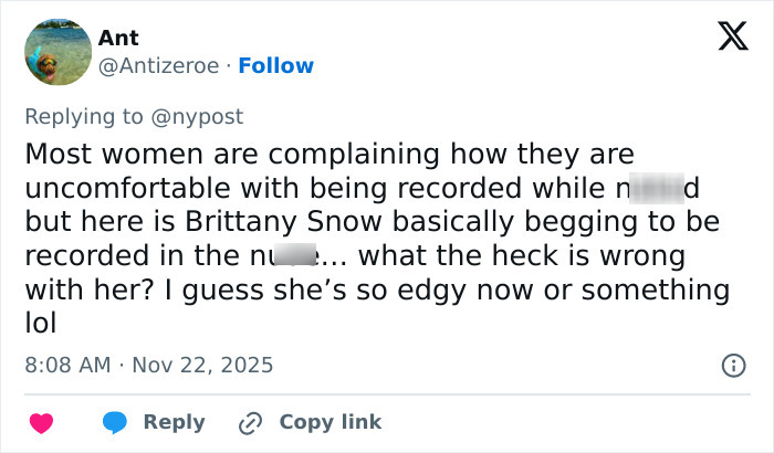 Tweet discussing Brittany Snow and Hollywood’s hidden age rule for women in adult scenes, highlighting discomfort with nudity.