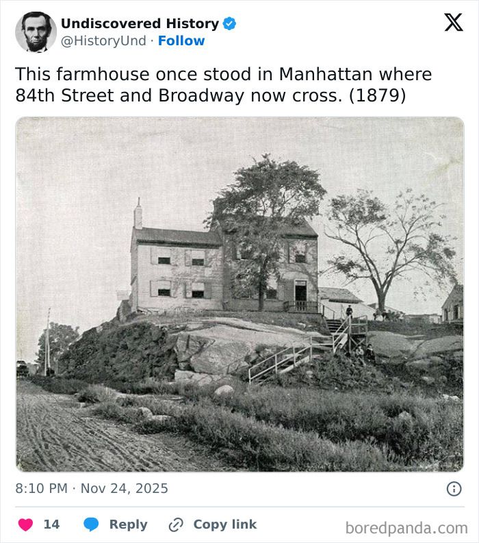 Black and white photo of a farmhouse on rocky land in Manhattan, revealing moments lost to time from 1879.