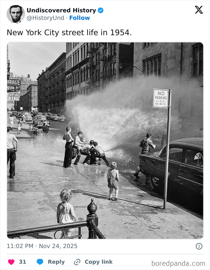 Children playing in New York City street with water from a fire hydrant in a fascinating lost moment from 1954.