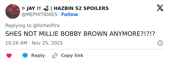 Tweet from user expressing shock that Millie Bobby Brown legally changed her name, with a frustrated tone. Tweet from user expressing shock that Millie Bobby Brown legally changed her name, with a frustrated tone.