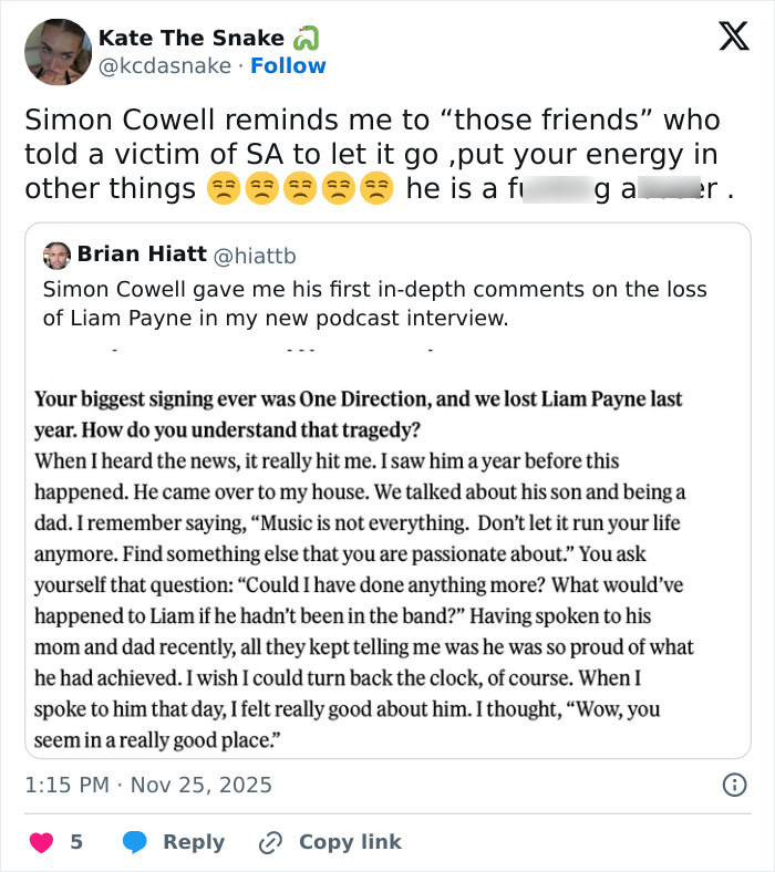 Twitter post showing a user commenting on Simon Cowell’s remarks about Liam Payne’s mental health and career impact.