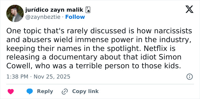 Tweet criticizing Simon Cowell’s impact on the industry amid discussions of Liam Payne’s mental health collapse.