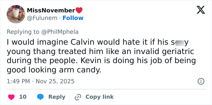 Screenshot of a tweet criticizing Calvin Klein, 83, and his boyfriend, 36, in a discussion about a public incident. Screenshot of a tweet criticizing Calvin Klein, 83, and his boyfriend, 36, in a discussion about a public incident.