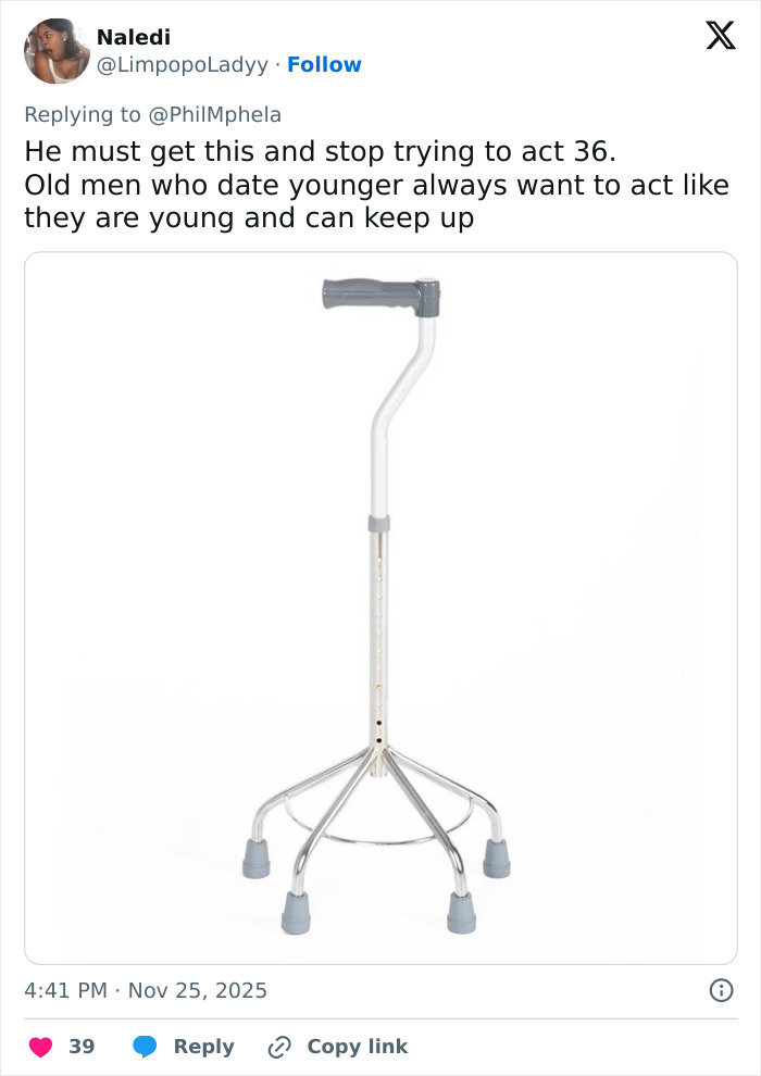 Walking cane with four rubber-tipped legs symbolizing Calvin Klein, 83, and reactions to boyfriend, 36, in Gold Digger discussion Walking cane with four rubber-tipped legs symbolizing Calvin Klein, 83, and reactions to boyfriend, 36, in Gold Digger discussion