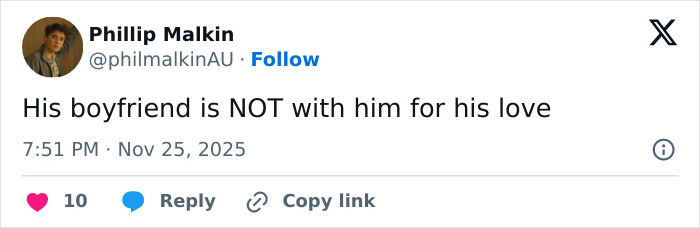 Tweet screenshot with a comment criticizing the boyfriend's reaction to Calvin Klein, 83, stumbling in a public setting. Tweet screenshot with a comment criticizing the boyfriend's reaction to Calvin Klein, 83, stumbling in a public setting.