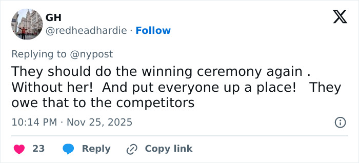 Tweet text criticizing the winner after the World’s Strongest Woman crown was revoked over gender controversy. Tweet text criticizing the winner after the World’s Strongest Woman crown was revoked over gender controversy.