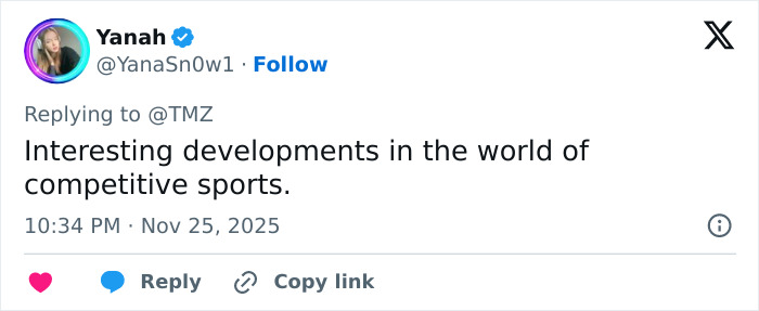 Tweet from user Yanah discussing competitive sports with mention of world’s strongest woman and controversy over gender identity. Tweet from user Yanah discussing competitive sports with mention of world’s strongest woman and controversy over gender identity.
