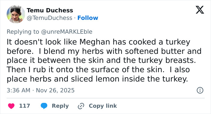 Tweet criticizing Meghan Markle’s turkey cooking skills shared on social media amid Thanksgiving turkey faux pas debate.