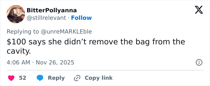 Screenshot of a social media comment mocking Meghan Markle’s Thanksgiving turkey preparation error online.