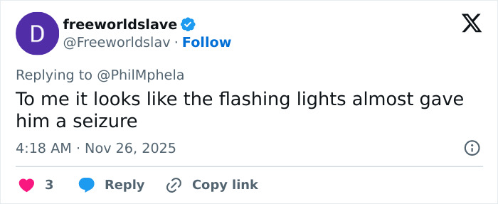 Tweet from user freeworldslave commenting on flashing lights possibly causing a seizure during a public incident. Tweet from user freeworldslave commenting on flashing lights possibly causing a seizure during a public incident.