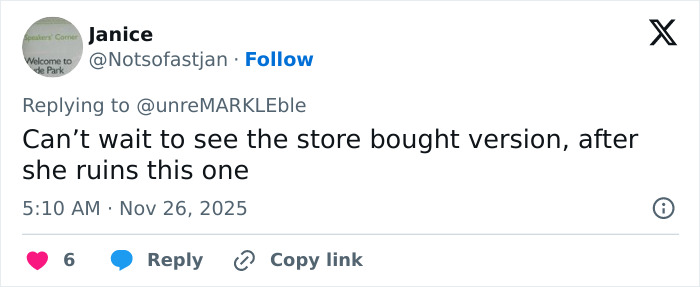 Twitter user commenting on Meghan Markle Thanksgiving turkey faux pas, predicting a store-bought version after the incident. Twitter user commenting on Meghan Markle Thanksgiving turkey faux pas, predicting a store-bought version after the incident.