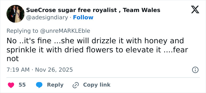 Tweet discussing Meghan Markle Thanksgiving turkey faux pas, mentioning honey drizzle and dried flowers as remedies. Tweet discussing Meghan Markle Thanksgiving turkey faux pas, mentioning honey drizzle and dried flowers as remedies.