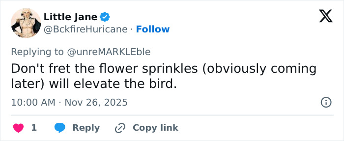 Tweet mocking Meghan Markle's Thanksgiving turkey with sarcastic comment about flower sprinkles elevating the bird. Tweet mocking Meghan Markle's Thanksgiving turkey with sarcastic comment about flower sprinkles elevating the bird.