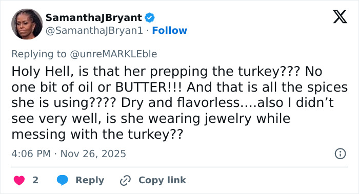 Tweet criticizing Meghan Markle’s Thanksgiving turkey preparation, highlighting lack of oil, butter, and spices.