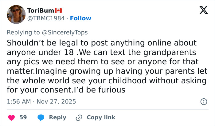 Tweet discussing why parents shouldn’t post about their children online, emphasizing privacy and consent concerns.