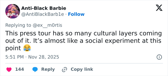 Tweet discussing cultural layers and social experiment aspects of a press tour amid Wicked cast selfie controversy on disability inclusion. Tweet discussing cultural layers and social experiment aspects of a press tour amid Wicked cast selfie controversy on disability inclusion.