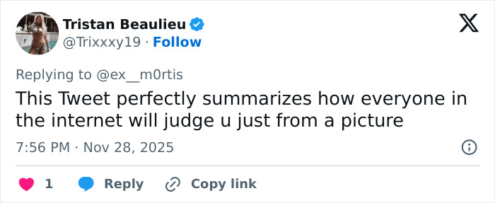 Tweet by Tristan Beaulieu criticizing online judgment of a viral selfie involving Wicked cast and disability inclusion debate. Tweet by Tristan Beaulieu criticizing online judgment of a viral selfie involving Wicked cast and disability inclusion debate.