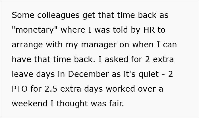 Text screenshot showing a manager letting an employee take time off and the employee explaining their PTO arrangement with HR. Text screenshot showing a manager letting an employee take time off and the employee explaining their PTO arrangement with HR.