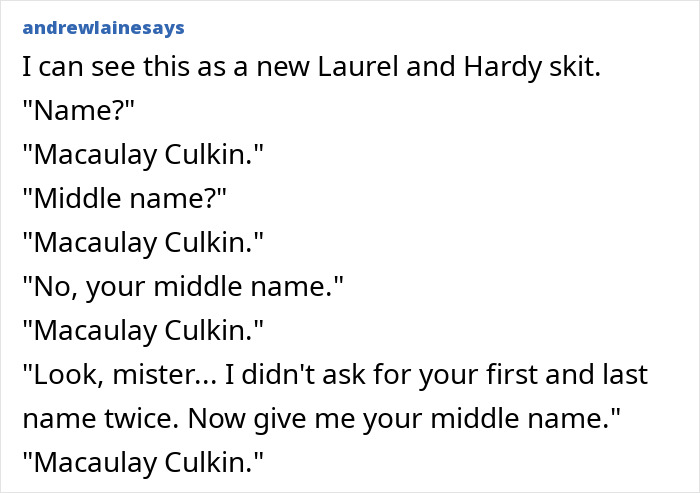 Text post showing a humorous skit about Macaulay Culkin legally changing his name to Macaulay Culkin. Text post showing a humorous skit about Macaulay Culkin legally changing his name to Macaulay Culkin.