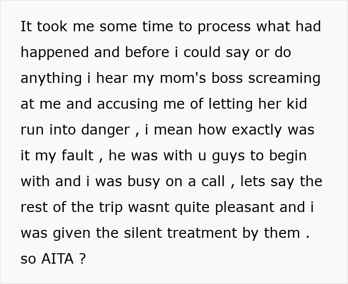 Teen accused of fault for not stopping kid from running into traffic, facing blame and silent treatment afterward. Teen accused of fault for not stopping kid from running into traffic, facing blame and silent treatment afterward.