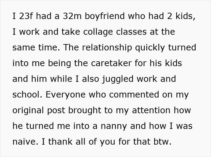 Alt text:
Text about woman realizing boyfriend of two months wanted a nanny with benefits, not a partner, after moving in.