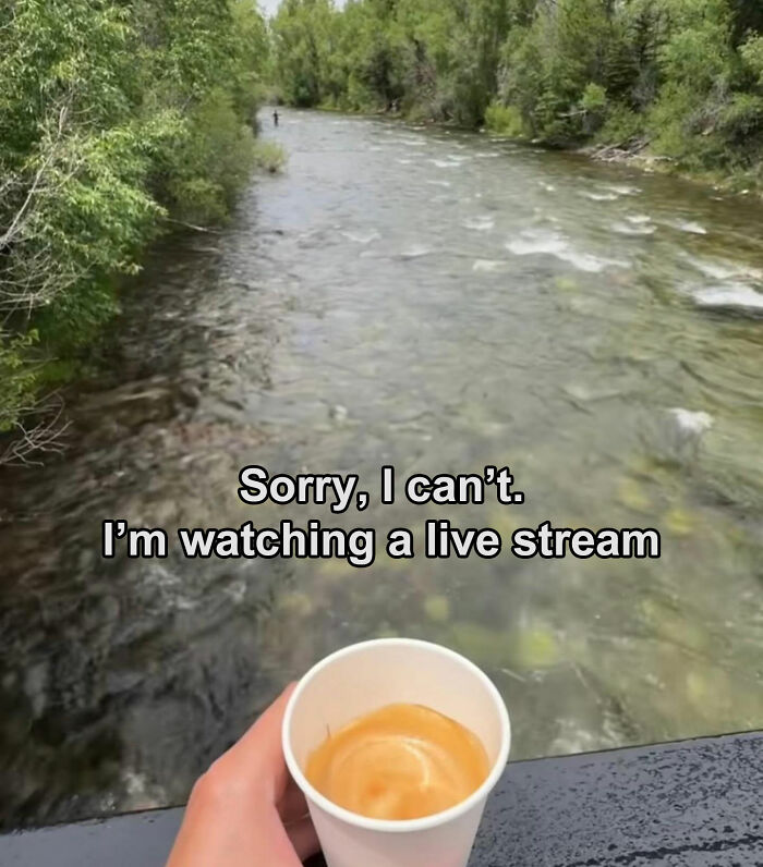 Hand holding a coffee cup over a river with text about watching a live stream, showcasing unhinged pics of people doing exactly asked.