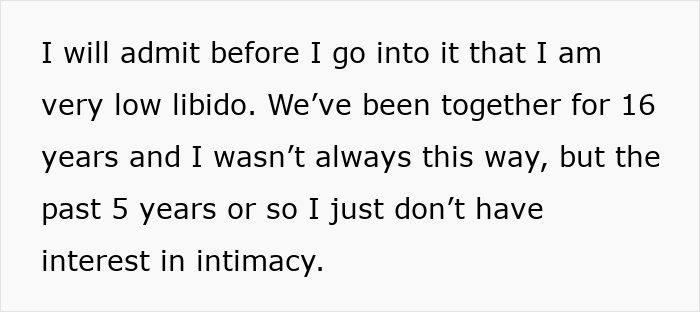 Text excerpt about low libido and lack of interest in intimacy over the past five years in a long-term relationship.