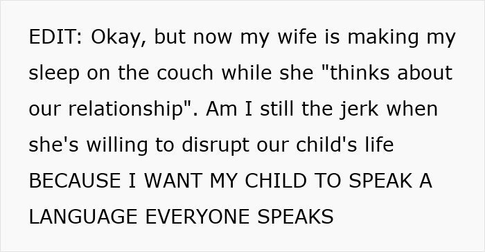 Text post discussing a dad banning daughter from speaking mom’s native language, calling it pointless. Text post discussing a dad banning daughter from speaking mom’s native language, calling it pointless.