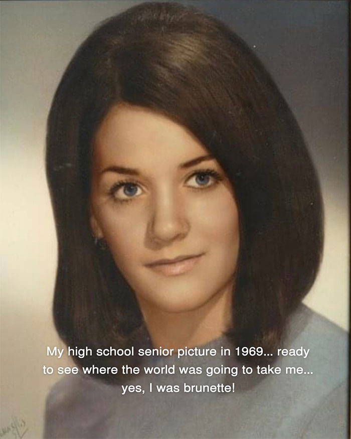 Young woman with brunette hair in 1969 senior photo illustrating aging progress before facelift at 70 years old. Young woman with brunette hair in 1969 senior photo illustrating aging progress before facelift at 70 years old.
