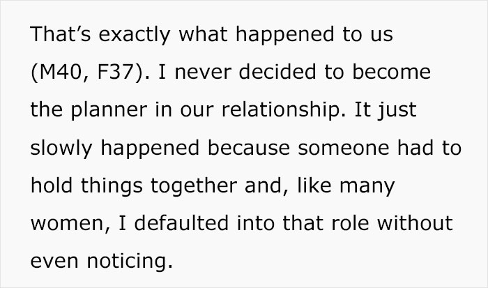 Text excerpt discussing a woman reflecting on unintentionally becoming the planner in her relationship, relating to chaos. Text excerpt discussing a woman reflecting on unintentionally becoming the planner in her relationship, relating to chaos.