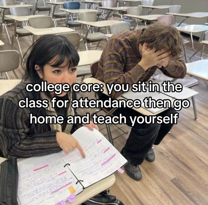 Two students in a classroom, one stressed and one pointing at notes, illustrating hilarious educational memes about self-study.