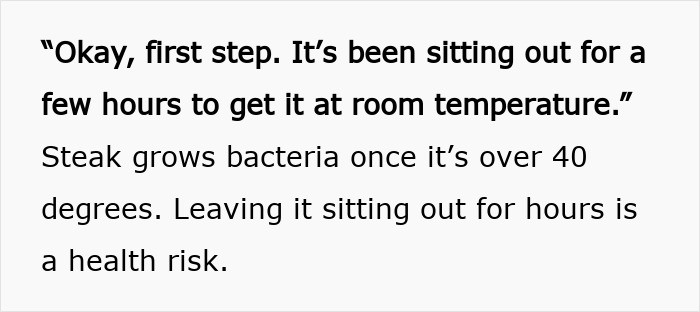 Text warning about the health risk of leaving steak out too long, related to wild American food creations. Text warning about the health risk of leaving steak out too long, related to wild American food creations.