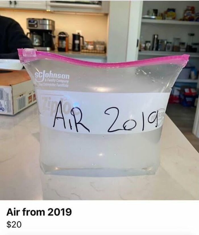 Plastic ziplock bag labeled Air 2019 filled with water, humorously listed for sale in pics that go hard collection.