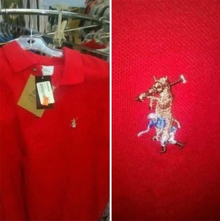 Red polo shirt on a hanger with an embroidered logo of a distorted polo player, featured in popular pics that go hard.