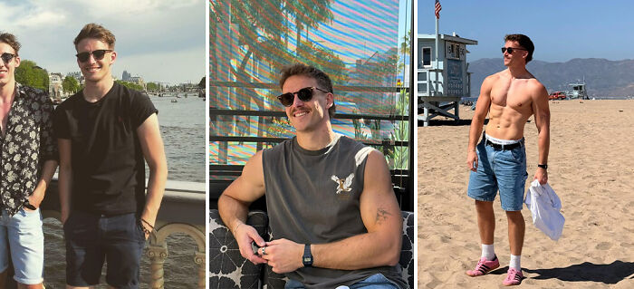 Three photos showing transformation of a young man, illustrating how Australia changes people with visible lifestyle and confidence shifts.