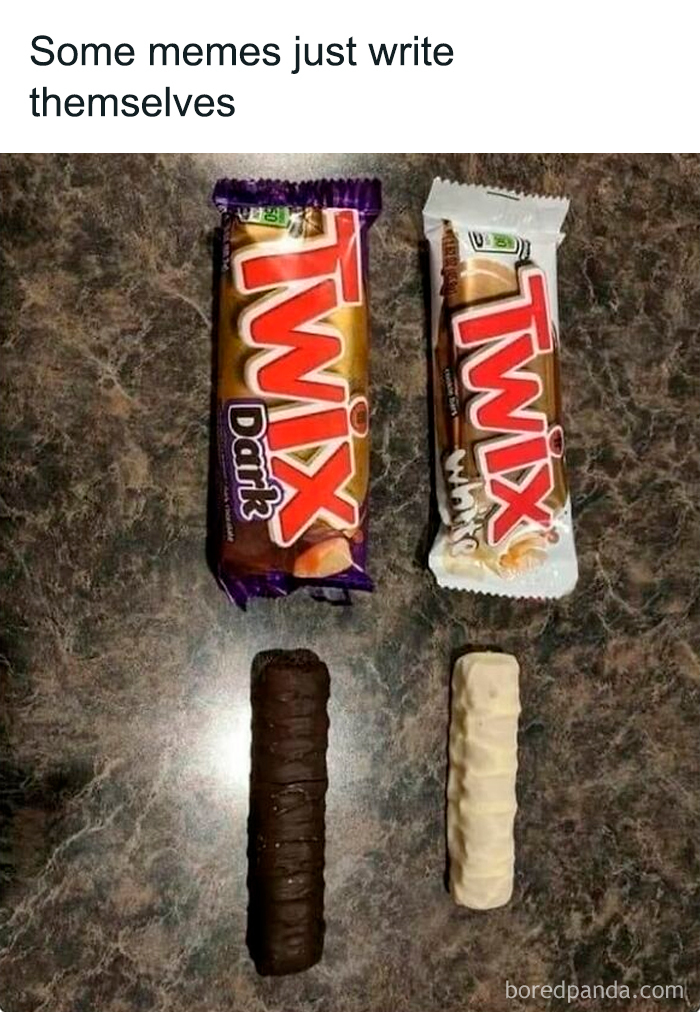 Two Twix candy bars, one dark and one white chocolate, on a countertop illustrating a funny meme concept.