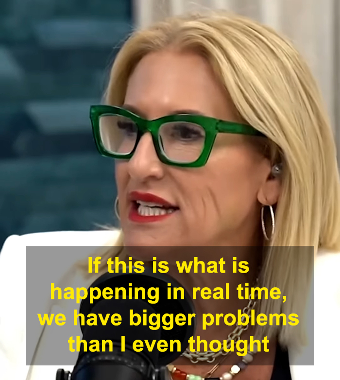 Woman with green glasses speaking into a microphone about Gen-Z workers relying on mom to fight their battles at work.