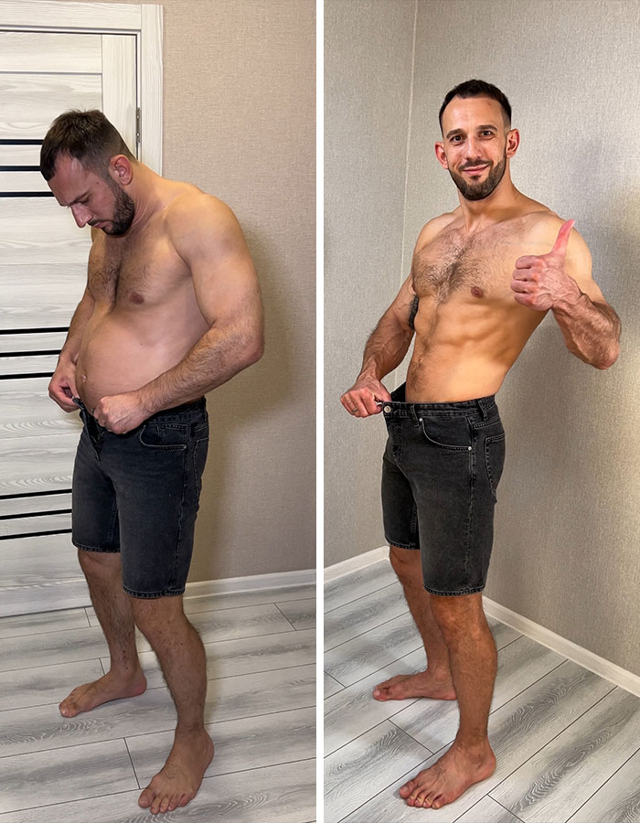 Shirtless fitness coach showing weight loss transformation, wearing black shorts and giving thumbs up indoors. Shirtless fitness coach showing weight loss transformation, wearing black shorts and giving thumbs up indoors.
