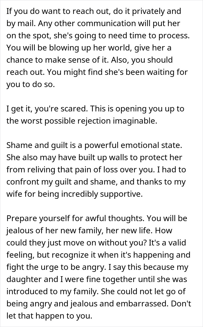 Text discussing emotional challenges and advice for a woman wanting to reunite with her bio family amid adoptive parents' threats. Text discussing emotional challenges and advice for a woman wanting to reunite with her bio family amid adoptive parents' threats.