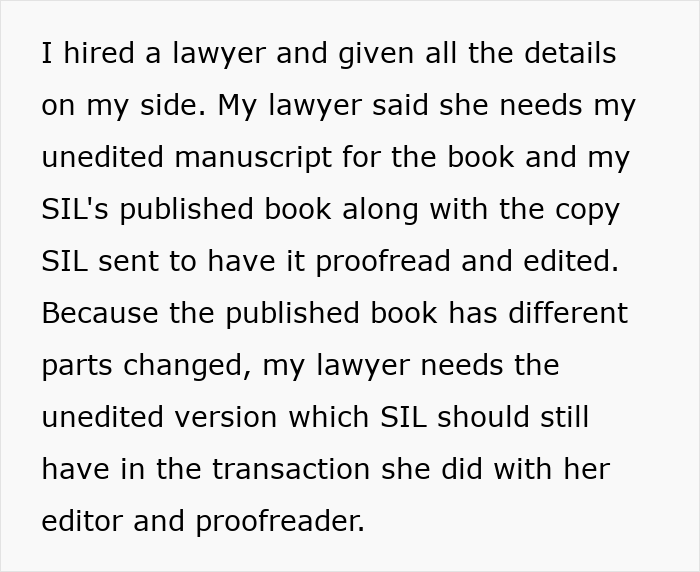 Text excerpt discussing a lawyer requesting unedited manuscript and published book copies in a SIL book theft case.