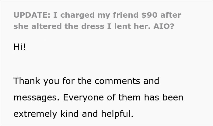 Text screenshot showing a discussion update about charging a friend $90 after she altered a borrowed dress without permission.