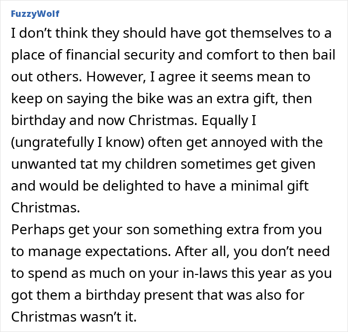 Comment from FuzzyWolf discussing grandparents combining birthday and Christmas gifts, with mom feeling scammed and managing expectations. Comment from FuzzyWolf discussing grandparents combining birthday and Christmas gifts, with mom feeling scammed and managing expectations.