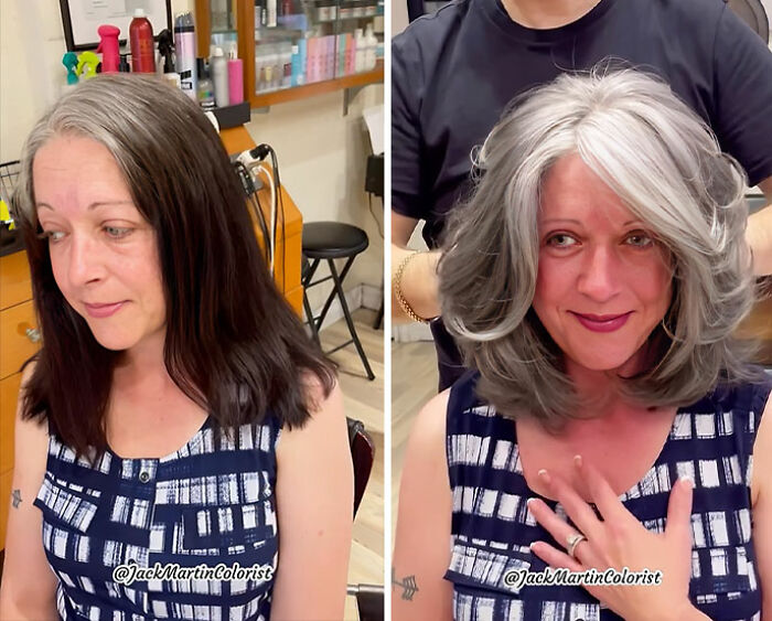 Before and after hair transformation showing elegant gray hair styled by celebrity hair colorist Jack Martin.