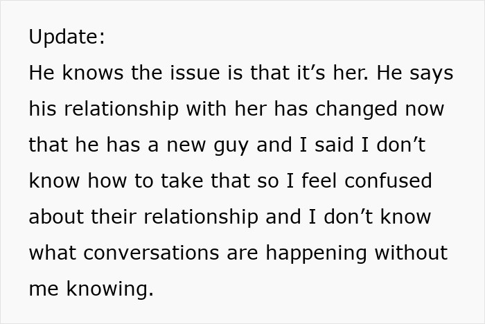 Text update about girlfriend feeling uneasy with boyfriend hosting newly single friend and concerns over sleeping arrangements. Text update about girlfriend feeling uneasy with boyfriend hosting newly single friend and concerns over sleeping arrangements.