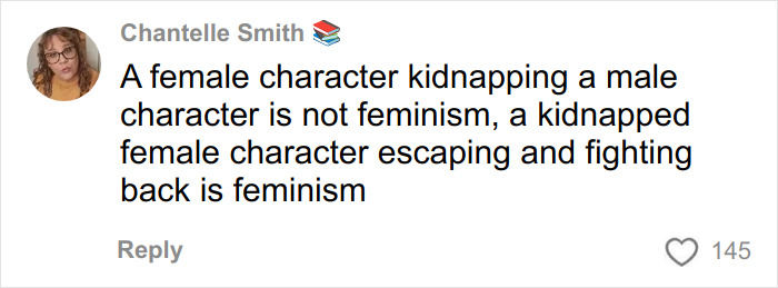 Screenshot of a social media comment discussing female characters and feminism in relation to romantasy books.