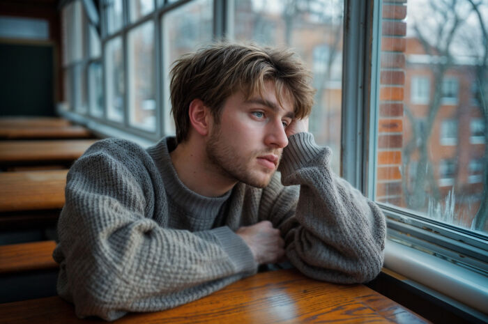 Young man looking thoughtfully out the window, reflecting on signs a child was never loved properly and emotional impact.