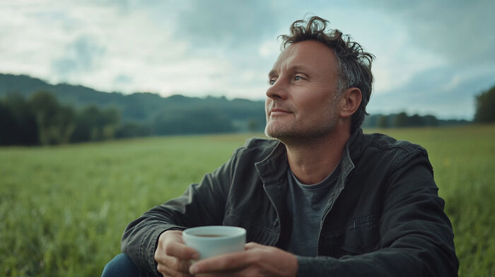Man holding a cup outdoors, reflecting quietly in a field, symbolizing people who disappeared to start new lives.