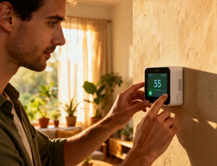 Man adjusting thermostat at home, one of the lovable things clueless dads did while their wives were pregnant.