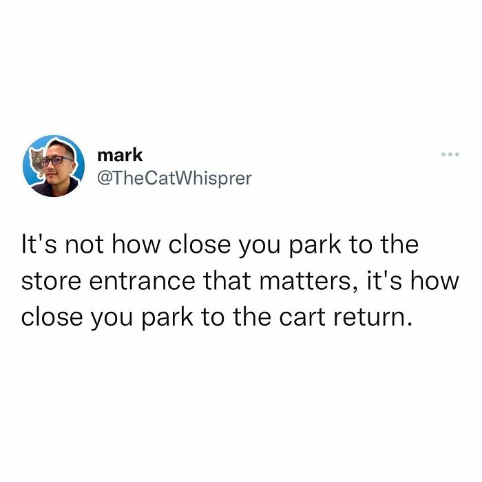 Tweet about parenting and marriage humor highlighting the relatable struggle of parking near the cart return.
